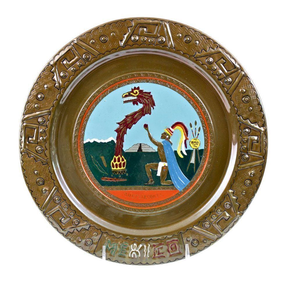 Copper Plate Mexico Enamel Painted & Stamped Aztec Mid Century Modern Collectors